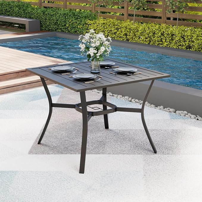 MELLCOM 37''x37'' Outdoor Dining Table for 4, E-Coating Metal Patio Dining Table with 1.57'' Umbrella Hole, All-Weather Black Square Table for Porch, Garden, Backyard, Poolside