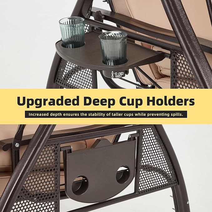 HOMREST 3 Seat Outdoor Porch Swing with 1.5" Deepened Cup Holder, Adjustable Canopy, Patio Swing Bed with Stand, Patio Glider Swing with Thicken Cushions, Pillow for Yard, Garden(Khaki)