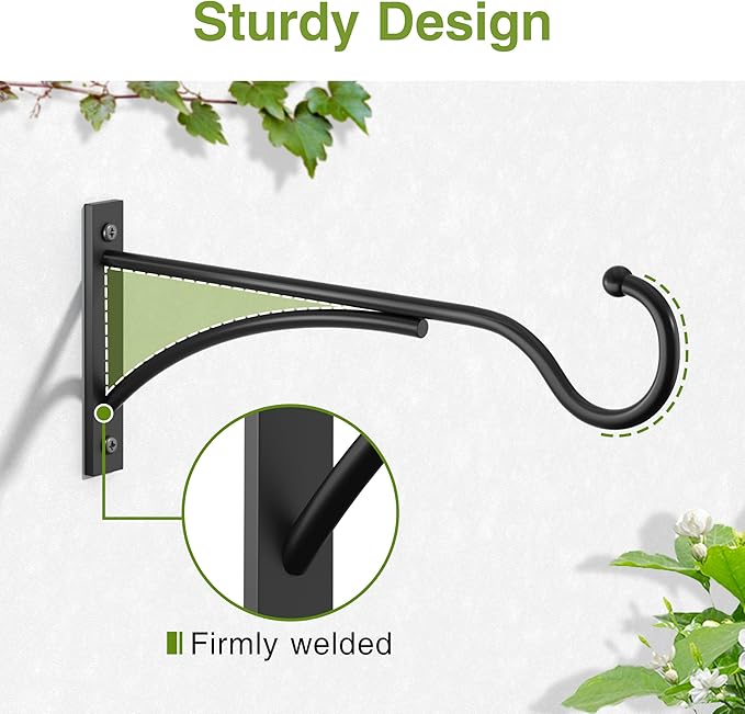 8 Inch 2 Pack Heavy Duty Plant Hangers Outdoor, Metal Plant Brackets for Hanging Baskets, Plant Wall Hooks for Bird Feeders, Wind Chimes & Lanterns, Premium Metal Hooks Matte Black, 30lbs Capacity