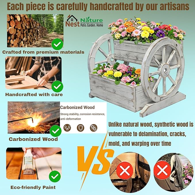 NestNature Wooden Wagon Planter Box,Raised Garden Bed,Decorative Garden Planters with Wheels-Outside Flower Pots for Indoor/Outdoor Décor Plants (Antique White)