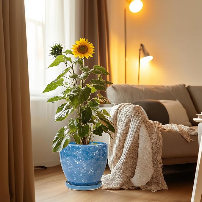 Ceramic Flower Pot - 10 Inch Planter with Drainage Hole and Saucer, Modern Large Planters, Decorative Plant Pot for Indoor Ourdoor, Room Home Garden Porch Decor, Plant Lover Gifts, Blue