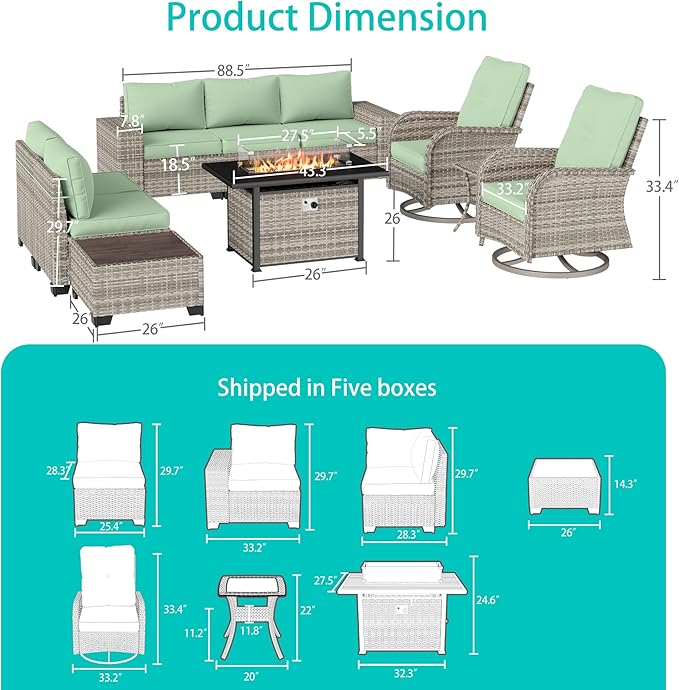 10-Piece Outdoor Patio Furniture Set with Rocking Swivel Chair, PE Wicker Rattan Sectional Sofa Patio Conversation Set with 55,000 BTU Fire Pit Table & Coffee Table, Light Green