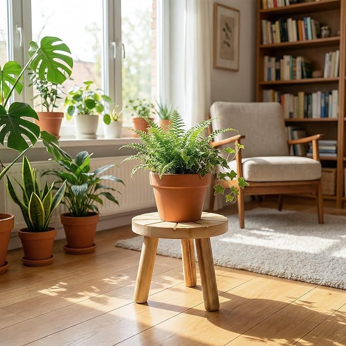 Delma Wood Plant Stands Indoor, 5-Pack Single Plant Stand for 6-12 Inch Pots, Mid-Century Modern Plant Stool, Tall Plant Stand for Large Plants for Living Room, Balcony, Office (Light Brown, 5-Pack)