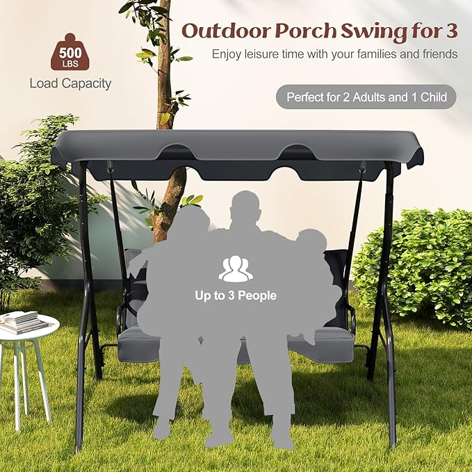 Tangkula 3 Person Porch Swing, Patio Swing with Removable Cushion & Powder-Coated Steel Frame, Outdoor Swing with Canopy for Porch, Backyard, Garden, Balcony (Gray)