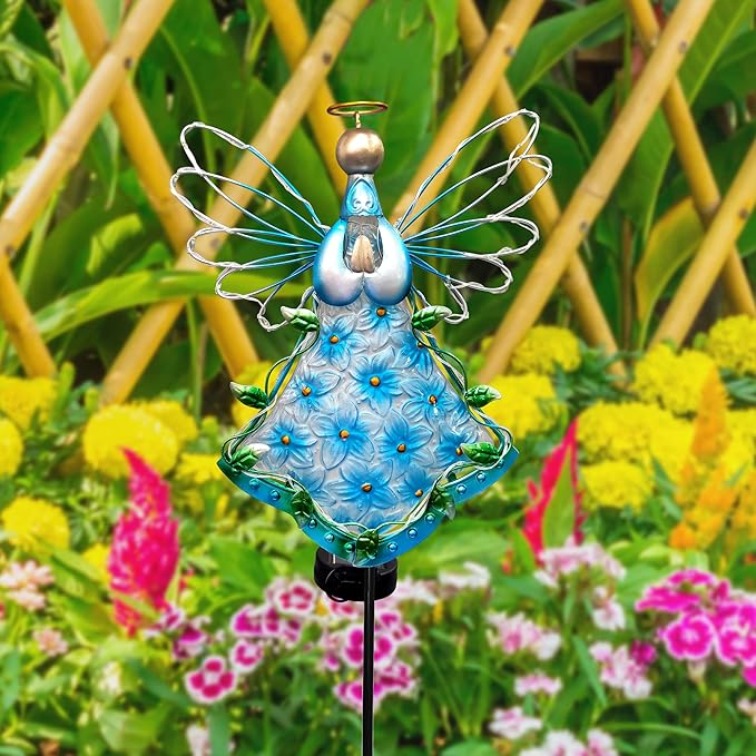 38Inch Angel Solar Lights Outdoor Decorative-Metal&Glass Angel Blue Hydrangea Flower Garden Stake- Waterproof 30 Warm White LED for Remembrance & Sympathy Gifts（Blue）