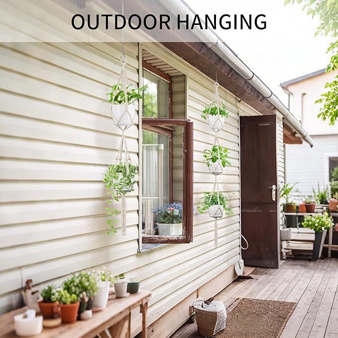 Macrame Plant Hanger - Fits 4 to 8 inches Pots for Indoor Outdoor, 49"/72" 2 Sizes Set, Ivory (POTS NOT Included)