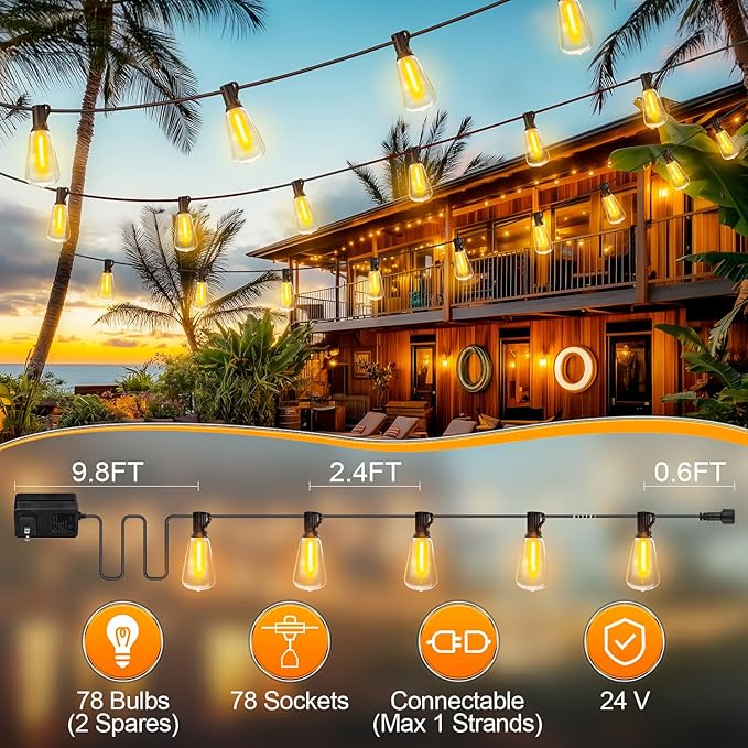 Outdoor String Led Patio Lights - 200Ft 60M Outside Waterproof Light with Remote Dimmable ST38 Shatterproof Bulb Hanging Outdoor Electric Lighting for Backyard Yard Gazebo Porch Party