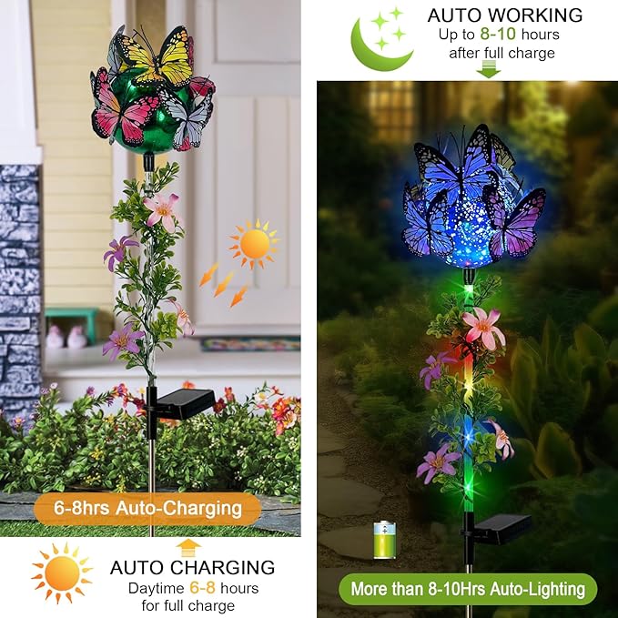 Solar Lights Outdoor Pathway,2 Pack Butterfly with Ball Garden Stakes,Colorful Twinkle Fairy Lights Decorations Outdoor for Yard,Lawn,Spring