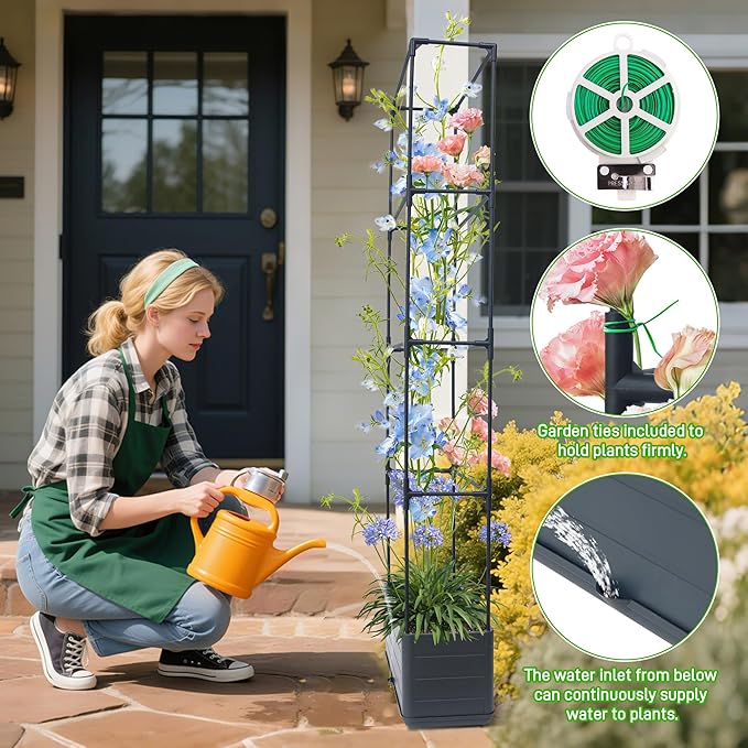 2 Packs Raised Garden Bed Tomato Planter Box with Trellis, 55.2" Self-Watering Tomato Cage with Rectangular Trellis for Climbing Plants Flowers Vegetables Vine in Patio Garden Indoor Outdoor