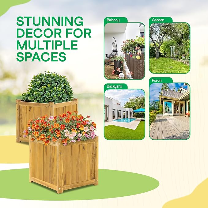 Idzo Set of 2 Acacia Wood Flower Planters for Outdoor Plants, Ergonomic Handles, Drainage Holes, Various Sizes, Ideal for Home Décor, Golden Teak