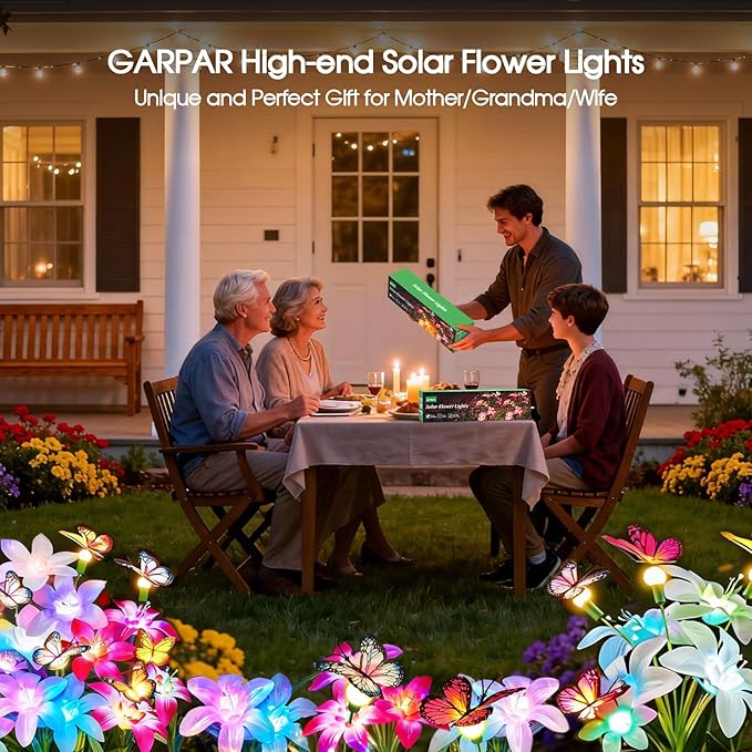 Garpar Solar Flowers Lights Outdoor Waterproof, Upgraded 8 Pack Solar Garden Lights with 32 Lily & 24 Butterflies, Bright Color Changing Outdoor Decor for Outside Yard Patio, Gift (8)