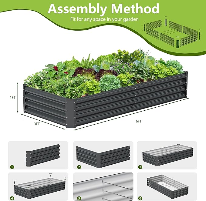 2PCS 6x3x1FT Galvanized Raised Garden Bed, Galvanized Planter Raised Garden Boxes Outdoor, Large Metal Raised Garden Beds for Vegetables-Grey