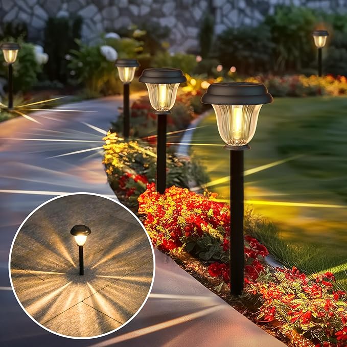 DERAYSION 8 Pack Solar Lights Outdoor, Stainless Steel Glass Solar Pathway Lights, Auto On/Off Long-Lasting Waterproof Landscape Lighting for Garden, Landscape, Path, Yard, Warkway (Warm White)