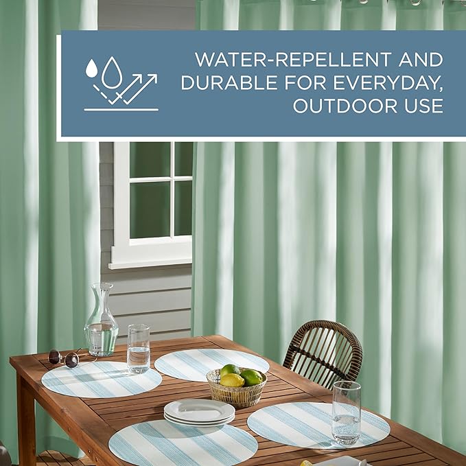 TOWN & COUNTRY BASICS Cabana Solid Heavyweight Indoor Outdoor Curtains, Light Filtering Opacity with Grommet Top, Water Repellent, 2-Pack Set, 54"x96", Seafoam