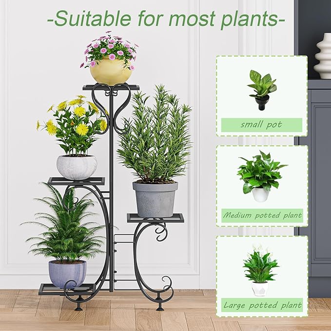 Plant Stand Indoor Outdoor Shelf 4Tier Metal Holder Pot Rack Multiple Plants Stand Tall Flower Shelf Corner Living Room Garden,Black (Black, 4 Pots)