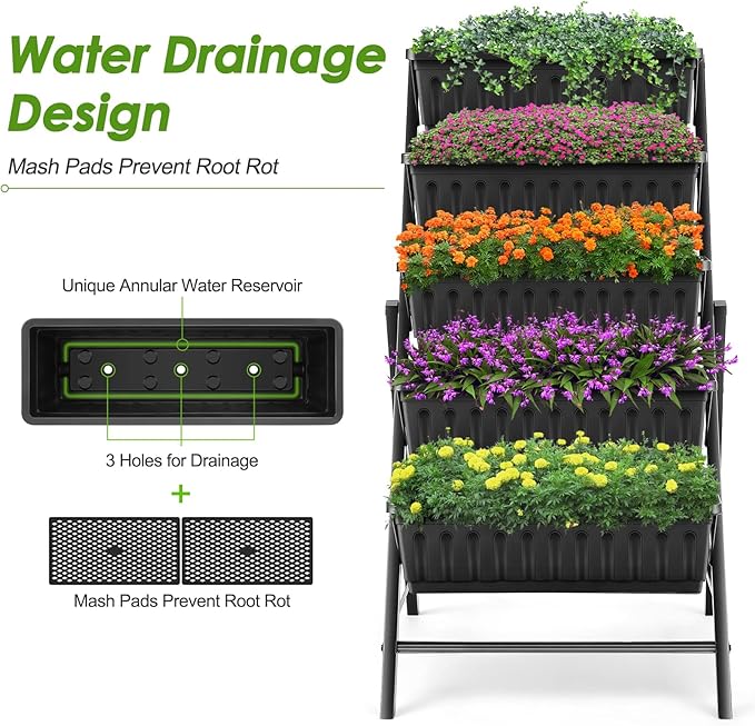 Suyncll Vertical Raised Garden Bed Planter Box,5 Tiers Vertical Garden Planter with Drainage System&4 Hooks for Herb Vegetables Flowers