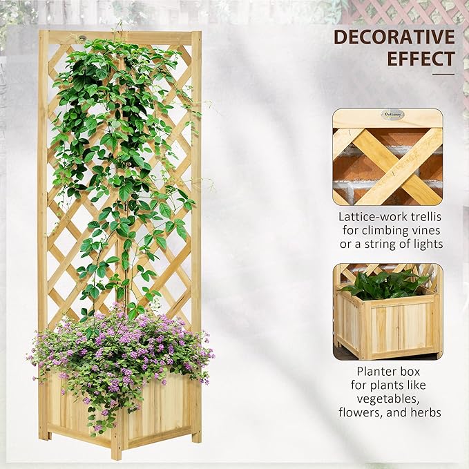 Outsunny Wooden Raised Garden Bed with Trellis, 57" Freestanding Corner Planter Box for Vine Plants Flowers Climbing and Planting Natural