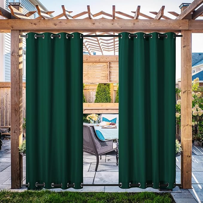NICETOWN Canvas Outdoor Curtains for Patio Waterproof 108" Long, 2 Panels Top and Bottom Grommet Thermal Insulated Privacy Drapes for Outdoor Gazebo, Dark Green, 55" Wide Per Panel
