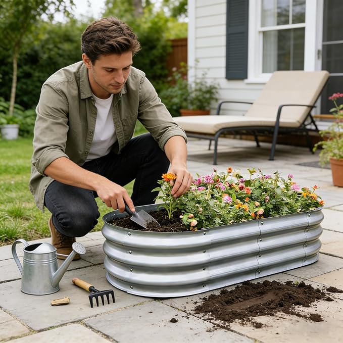 Gardmax Galvanized Raised Garden Bed, Lightweight Planter Boxes Outdoor with Easy Assembly, Large Garden Bed for Vegetables, Fruits, Flower Silver