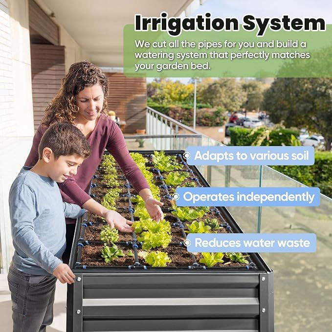 KING BIRD Raised Garden Bed with Irrigation System and Legs Galvanized Elevated Planter Box for Backyard, Patio, Balcony, 600lb Capacity, Dark Grey, 70.9x22.8x31.5 in