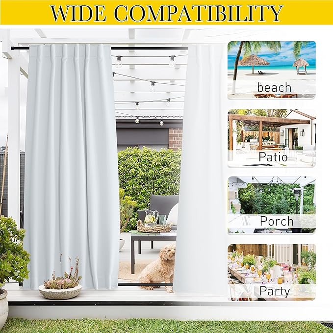 NICETOWN Blackout Outdoor Curtains for Patio Windproof 2 Panels Top & Bottom Pocket & Back Tab, Thermal Fixed Waterproof Safe Drapes Keep Privacy for Yard/Porch, Greyish White, W52 x L84