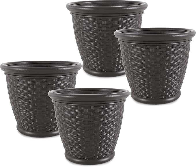 Suncast 4 Pack Sonora 18 Inch Lightweight Durable Plastic Wicker Decorative Flower Planter Pot for Yard, Garden, Indoor or Outdoor Use, Brown