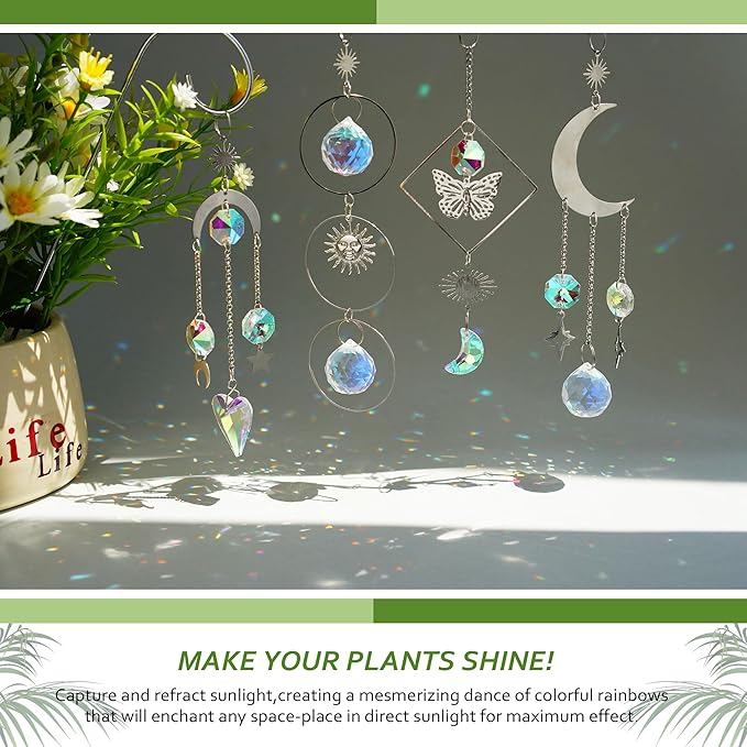 HDCRYSTALGIFTS 4 Pack Crystal Sun Catchers with 13.5'' Small Trellis for Potted Plants Indoor Plant Stake Suncatcher Decoration for Home Window Garden, Sliver