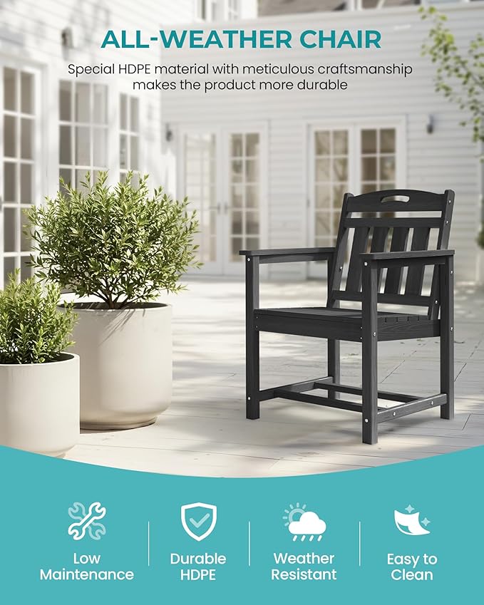 Outdoor Patio Dining Chair - All-Weather Fade-Resistant HDPE, Low Maintenance - for Garden, Backyard, Deck - New Black