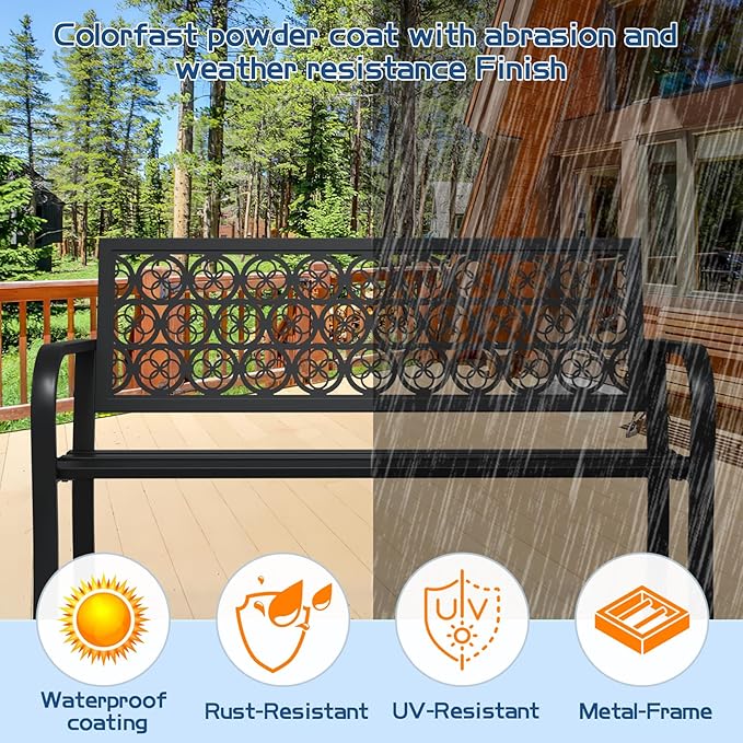 50" Outdoor Bench, Metal Weatherproof Garden Bench Cast Iron Heavy-Duty Patio Bench with Decorative Backrest for Proch Park 880lb Capacity