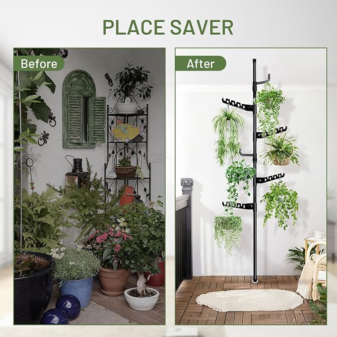 Tension Rod Plant Stand, Plant Poles for Hanging Plants Indoor, Metal Tension Pole Plant Stand with 6 Hangers, Floor to Ceiling Hanging Plants Stand(Fit 3.6-10ft)