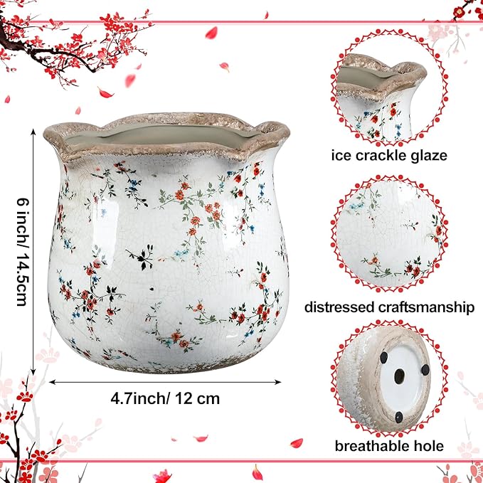 6 Inch Ceramic Plants Pots Vintage Ceramic Flower Planters Crackle Glaze Finish Flower Pots Decorative Floral Vintage Planters for Living Room Garden Home Decor Gifts(Cute)