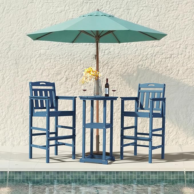 Ciokea Heavy Duty Bar Height Chair, 380lbs Outdoor Adirondack Tall Bar Chair Patio Stool with Arms & High Back, Heavy Duty All-Weather for Balcony, Poolside, Deck and Garden, Navy Blue