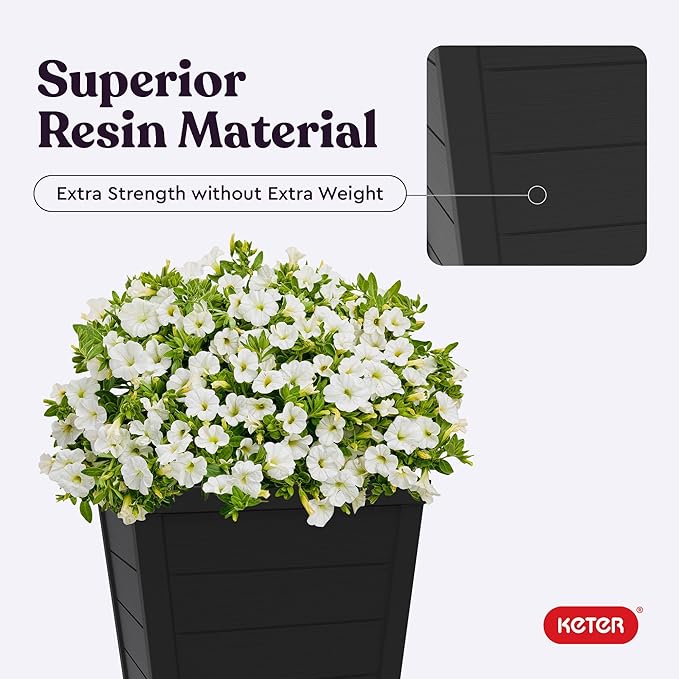Keter Set of 2 Modern 22‑Inch Tall Outdoor Flower Pots – Large Resin Tapered Planters for Outdoor Plants, Front Porch & Patio Decor, Wood‑Look Design, Graphite