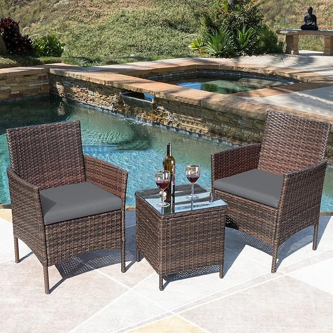 Greesum 3 Pieces Patio Furniture Sets Outdoor PE Rattan Wicker Chairs with Soft Cushion and Glass Coffee Table for Garden Backyard Porch Poolside, Brown and Gray