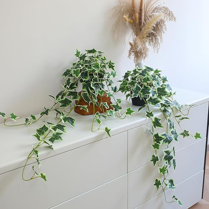 Fake English Ivy Plants in Pots Set of 2 – Realistic Artificial Ivy Greenery for Home Decor, Tabletop, Office, Shelf, Balcony, Lifelike Faux Hanging Vines, No Maintenance Required - White and Green