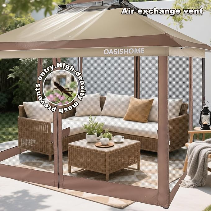 OASISHOME Pop-up Gazebo Portable Instant Canopy Tent 12x12, One-Push Locking System, with 4 Mesh Sidewall, Wheeled Bag, for Patio/Backyard/Outdoor/Parties/Events (Khaki)