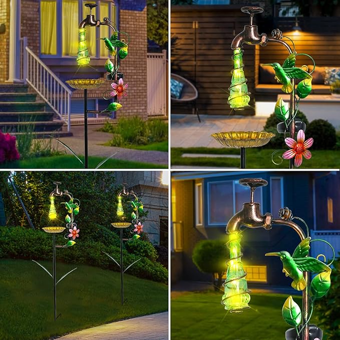 Bshine Solar Garden Decoration Outdoor Light - Waterdrop Metal Hummingbird Solar Stake,Waterproof Garden Decor Path,Lawn and Yard Art Gift for Mom, Green
