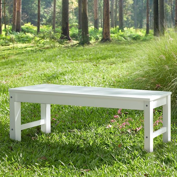 Psilvam Outdoor Bench, Two Person Poly Lumber Porch Bench, Weatherproof Garden Bench That Never Rot and Fade, All-Weather Patio Bench Suit for Garden, Porch, and Park (White)
