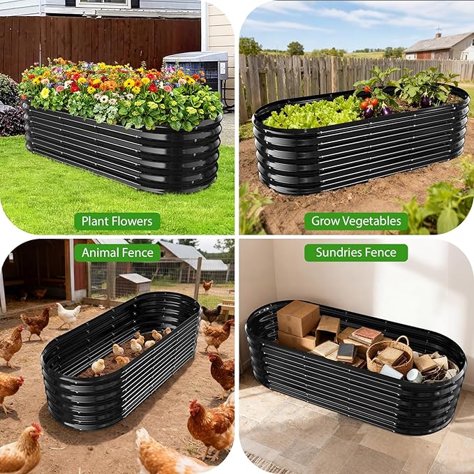 17" Tall Outdoor Garden Raised Garden Bed Kits, 5ft X 2ft Oval,0.8MM Thick Metal Raised Planter Bed/Ground Planter Box for Variety of Flowers,Herbs,Vegetables (Black, 60X24X16.5 Inches)