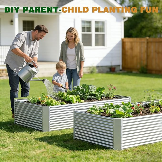 2 Pack 4x2x1.4 ft, (16" Tall) Galvanized Steel Raised Garden Bed, Large Metal Planter for Vegetables, Herbs & Flowers, Durable Outdoor Garden Box for Yard, Terrace, and Balcony
