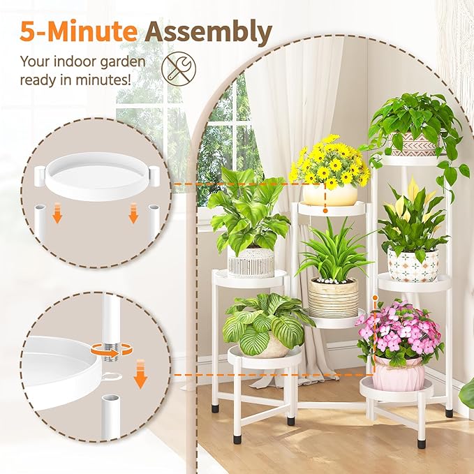 LASZOLA 7 Tiered Folding Tall Plant Stand Indoor for Multiple Large Planter, Heavy Duty Metal Adjustable Flower Rack for Narrow Corner, Sturdy Vertical Spiral Shelving Holder for Modern House, White