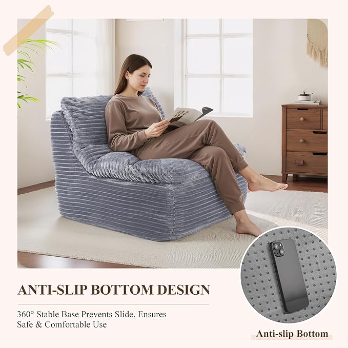 Boneless Chaise Lounge Chair Indoor, Adult Bean Bag Chair with Compressed Memory Foam, Comfy Back Support Sofa Bed Couch for Living Room Bedroom Office Apartment, No Assembly