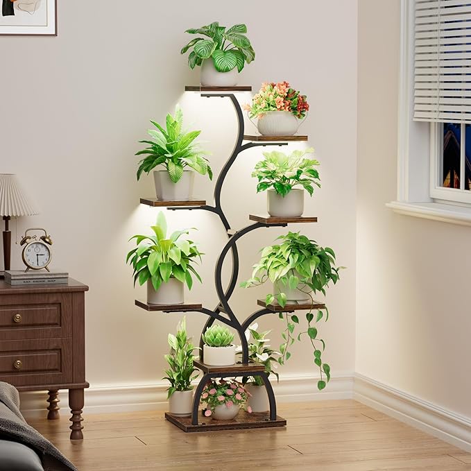 Plant Stand Indoor with Grow Light - 8 Tiered Plant Shelf Indoor, Corner Plant Stand, 49" Tall Plant Shelf with Lights for Indoor Growing, Lighted Flower Holder for Living Room, Balcony, Black