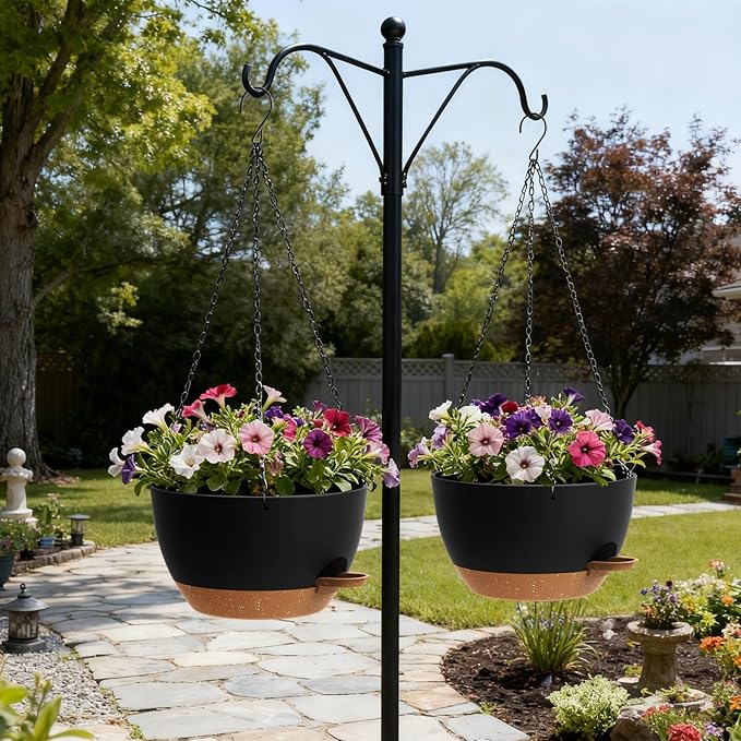13 Inch 2 Pack Large Self Watering Hanging Planters for Indoor Outdoor Plants, Hanging Plant Pots with Removable 50 Oz Reservoir, Plastic Hanging Basket for Window Porch Garden, Black with Brown