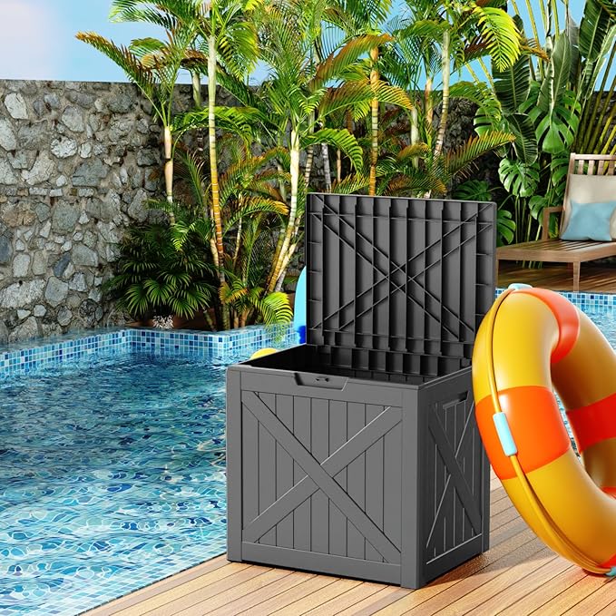 38 Gallon Outdoor Deck Box, Lockable Waterproof Outdoor Storage Boxes For Garden Tools,Indoor Cushions,Accessories Outside Storage Resin Weatherproof Container(Black)