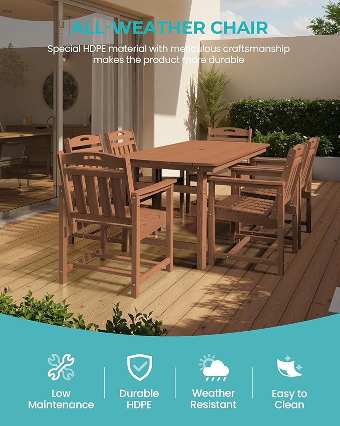 Outdoor Rectangle Dining Table, Heavy-Duty HDPE Table for 6, Weatherproof Patio Table with Umbrella Hole, Rounded Corners for Safety, Teak