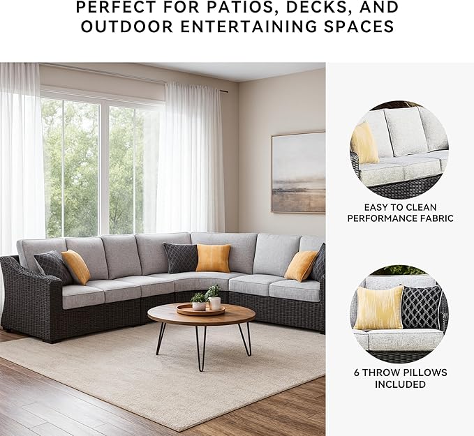 Signature Design by Ashley Beachcroft Curved Modern 4-Piece Outdoor Sectional with Cushion and 6 Throw Pillows, Light Gray