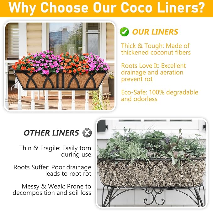 Riare 2 Pack 30 Inch Rectangle Coconut Liners for Planters, Natural Coconut Fiber Planter Liners, Window Box Liner Trough Coco Liner for Outdoor Flower, Garden Wall, Deck & Fence Planter Boxes