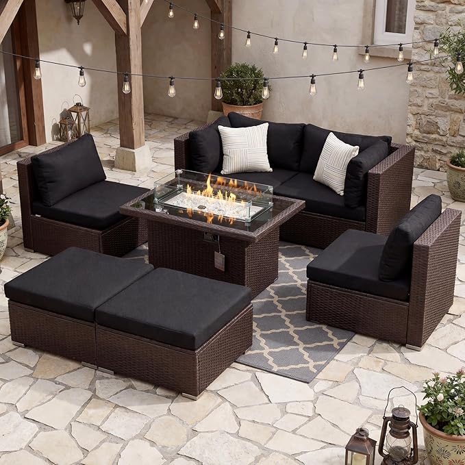 NICESOUL 29.3'' High Back Patio Set with Firepit Propane & Natural Gas, 7 Piece Oversized Large Wicker Outdoor Sectional Couche Sets, Heavy Duty Backyard Furniture, Brown Rattan and Black Cushion