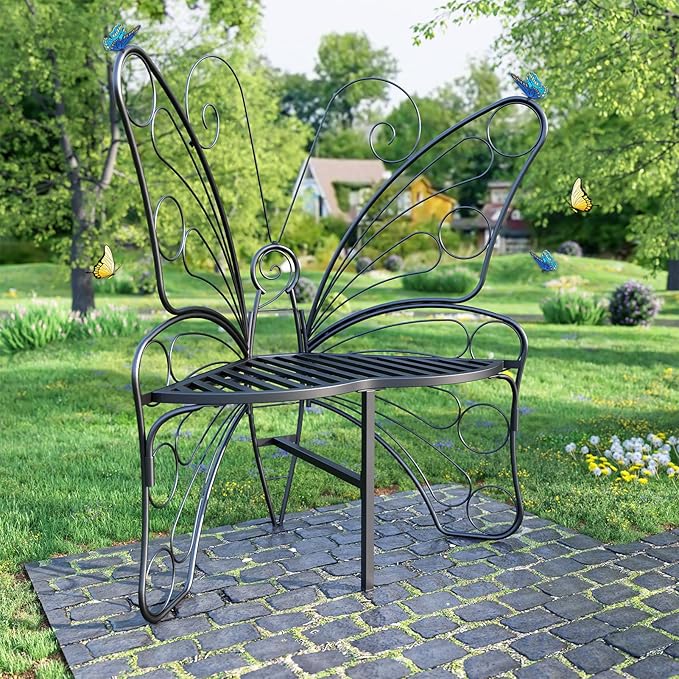 Butterfly Shaped Outdoor Bench, Black Garden Bench for Outdoor with Sturdy Stable Metal Frame, Butterfly Chair Butterfly Bench Outdoor for Garden, Yard, Balcony, Lawn (Black)